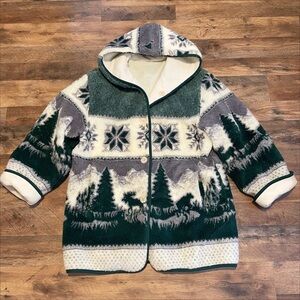 Vintage 90s | Reversible Fleece Hooded Jacket Moose Snowflake